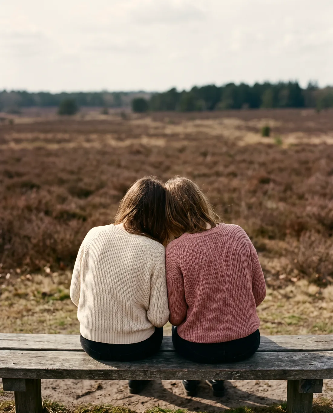Twee vrouwen zitten schouder aan schouder op een bankje aan de heide