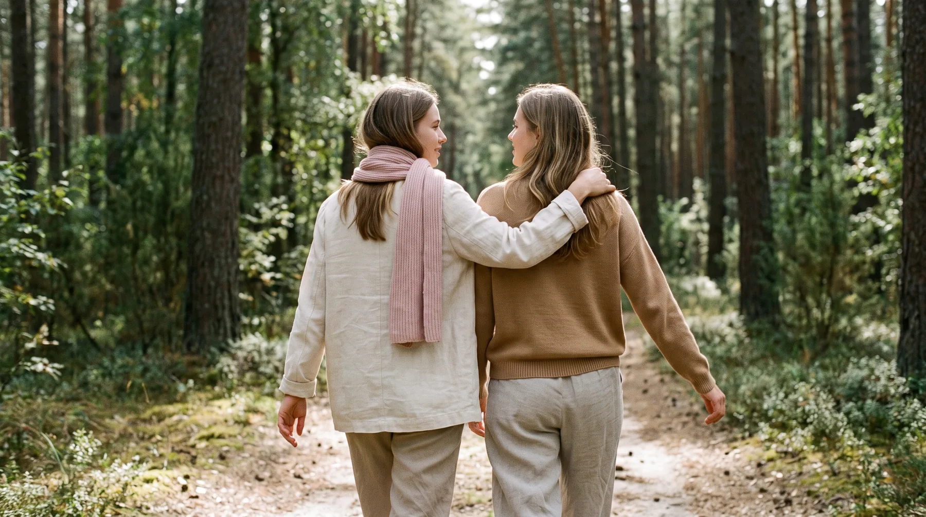Twee jonge vrouwen wandelen arm in arm over een bospad op de Veluwe