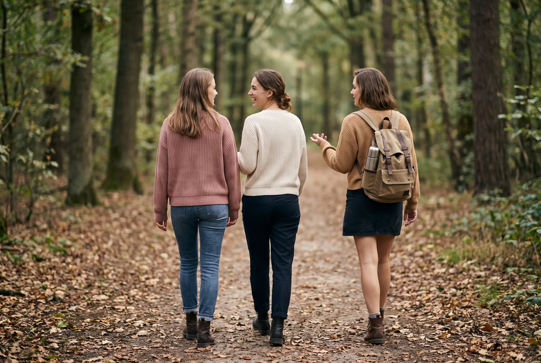 Drie jonge vrouwen wandelen pratend over een bospad