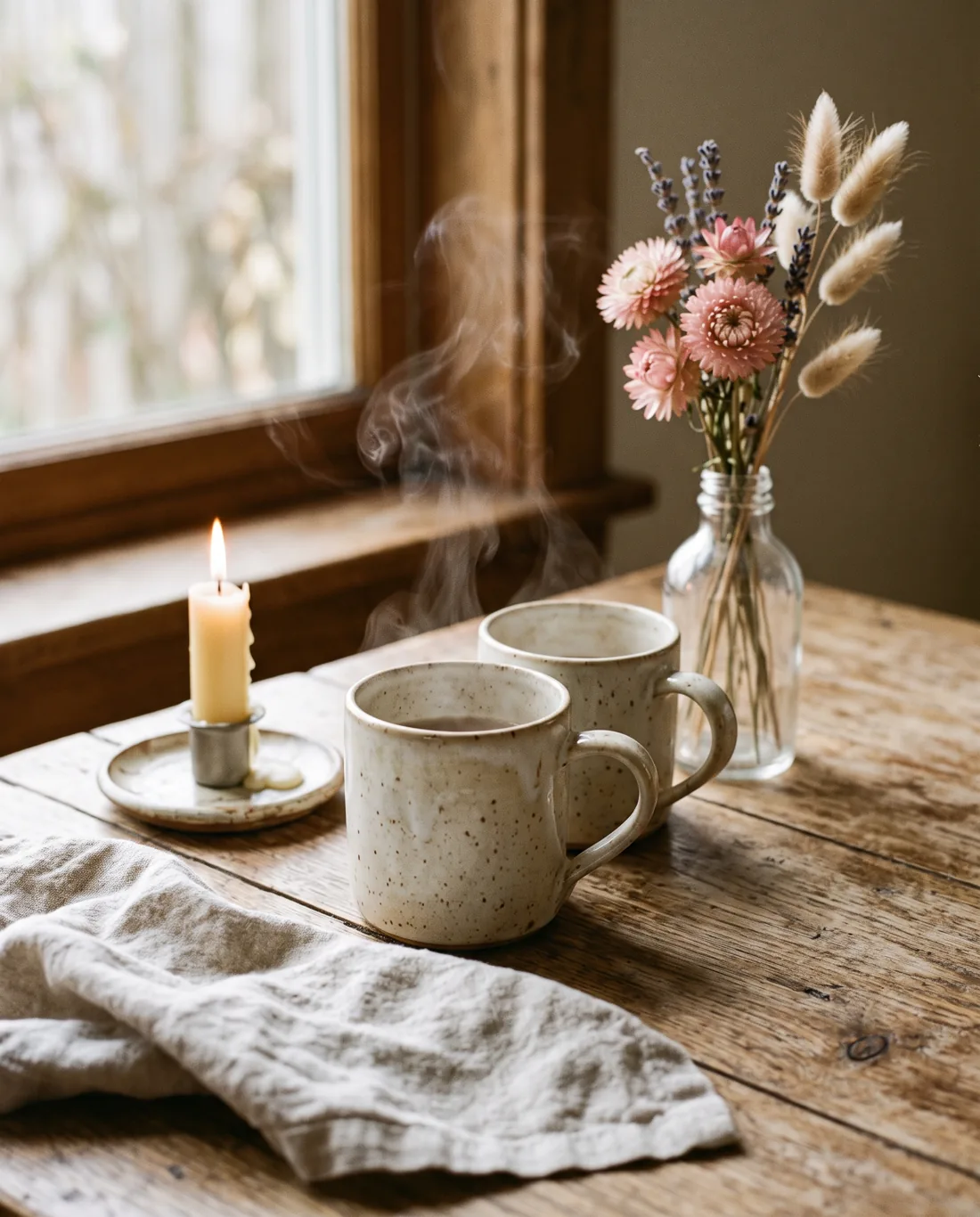 Twee keramische mokken thee op een houten tafel met droogbloemen en een kaars