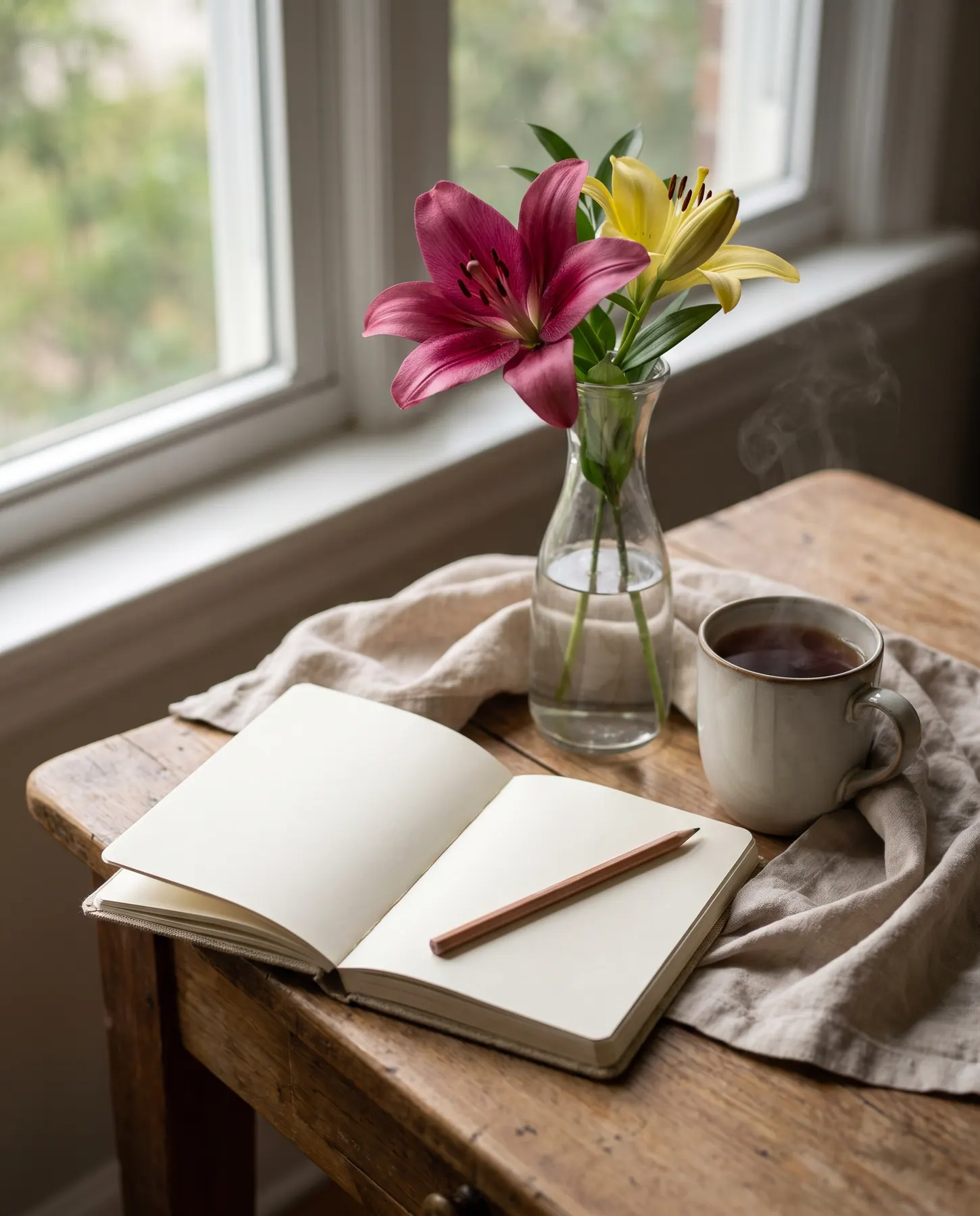 Stilleven met notitieboek, thee en lelies