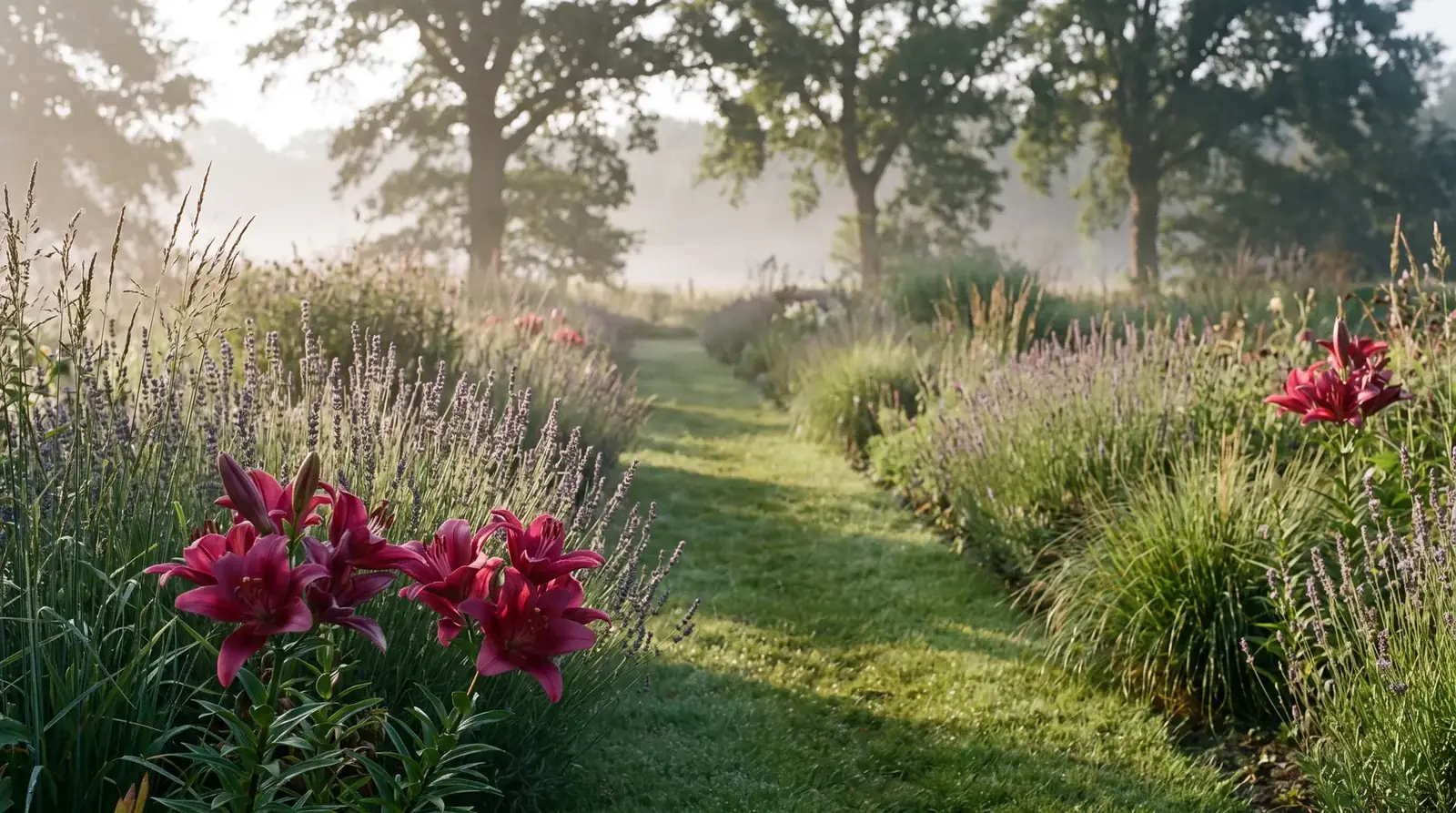 Tuinpad met lelies